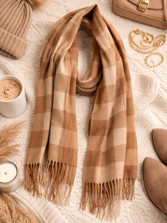 Shiraleah Accessories - Shiraleah Camel Check Plaid Oversized Scarf Fringe Wrap